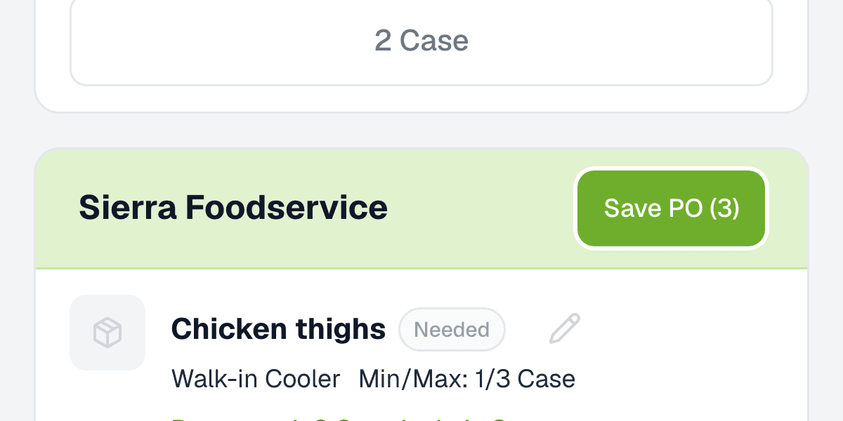 The Ready to Order vendor header with its Save PO button