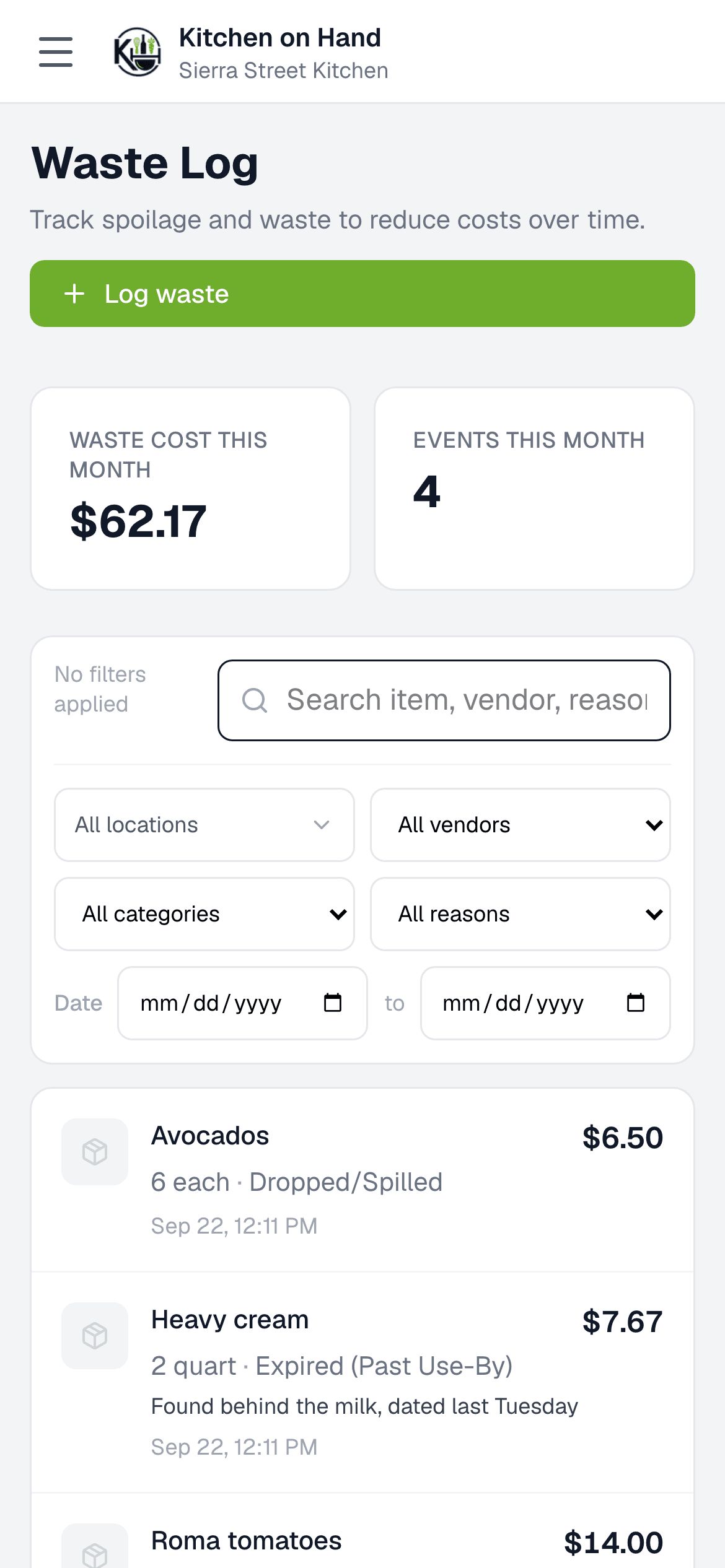 Waste log showing this month’s waste cost and event count